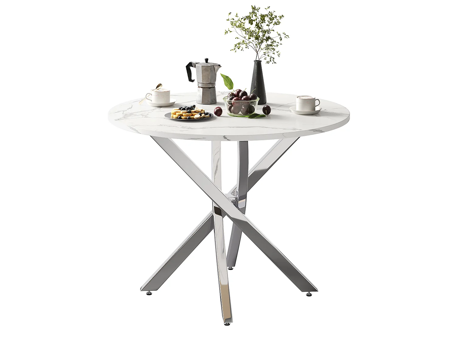 Table à manger ronde 80 cm avec plateau effet marbre - Blanc et argenté