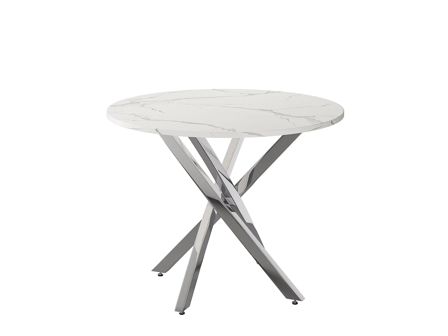 Table à manger ronde 80 cm avec plateau effet marbre - Blanc et argenté