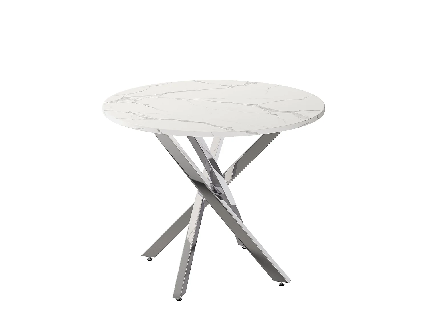 Table à manger ronde 80 cm avec plateau effet marbre - Blanc et argenté