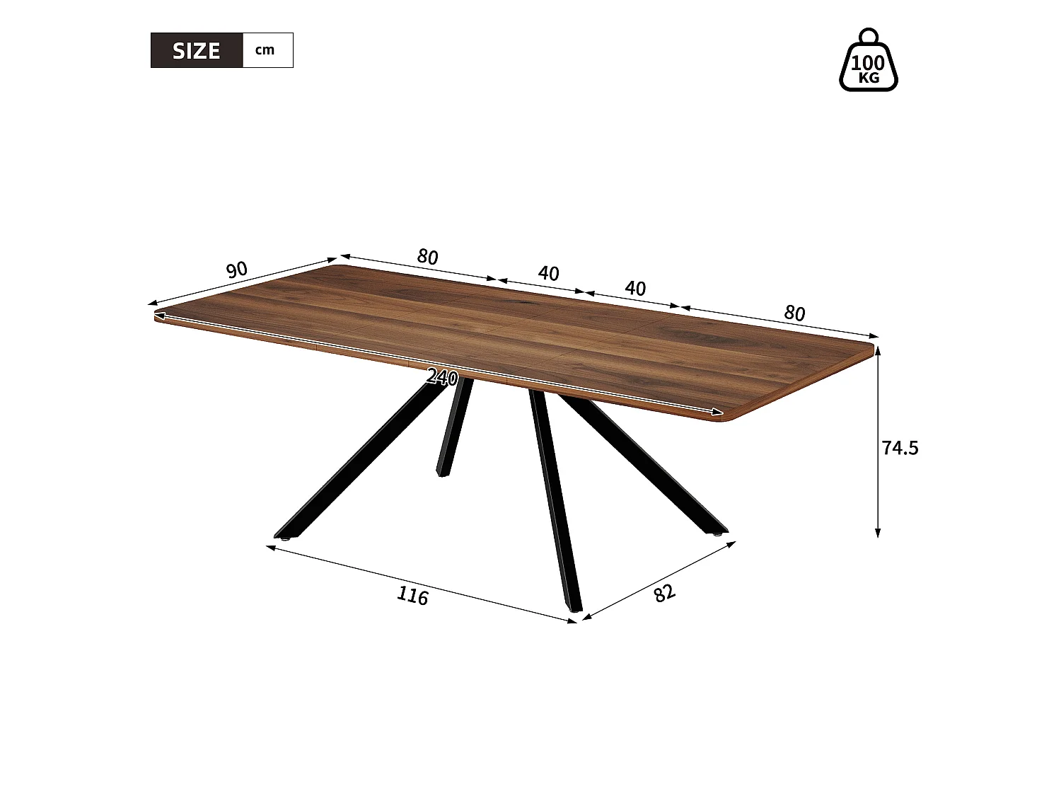 Table à manger extensible 160/200/240 x 90 cm - Pieds en métal - Marron