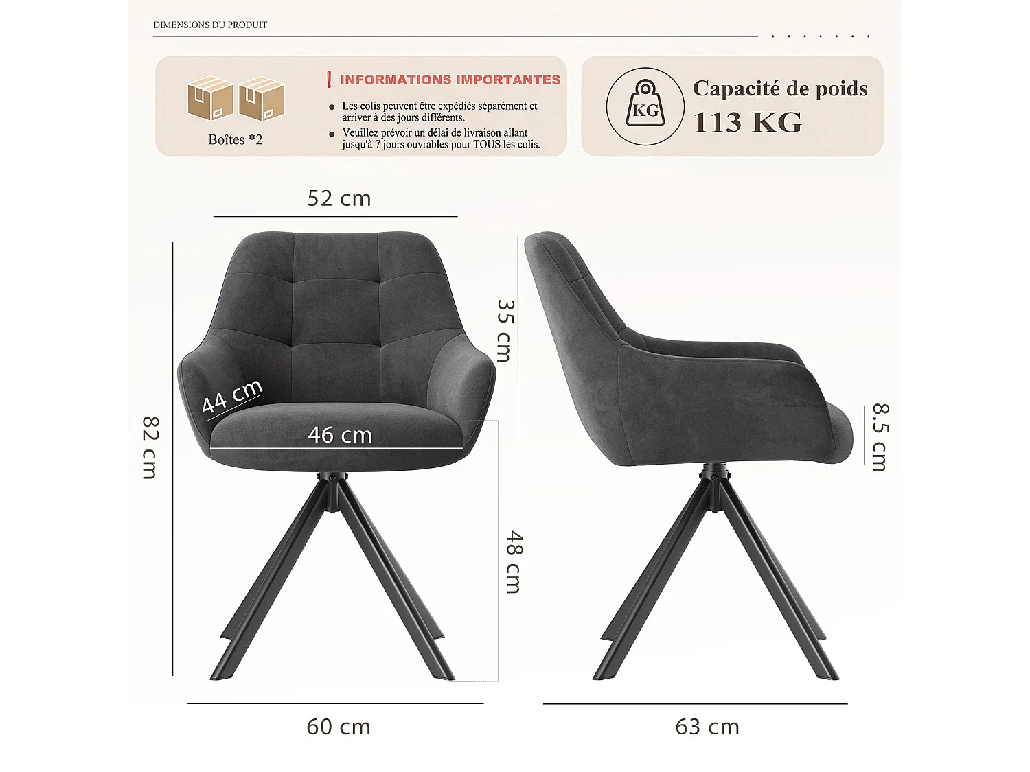 Set van 4 eetkamerstoelen met 360° draaifunctie | Halve armleuningen, metalen onderstel, grijs