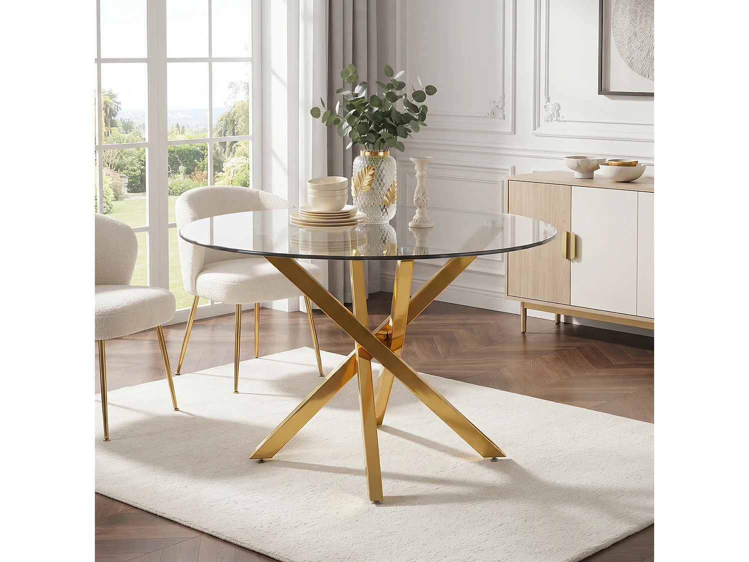 Table à manger ronde 80 cm avec plateau en verre - Doré