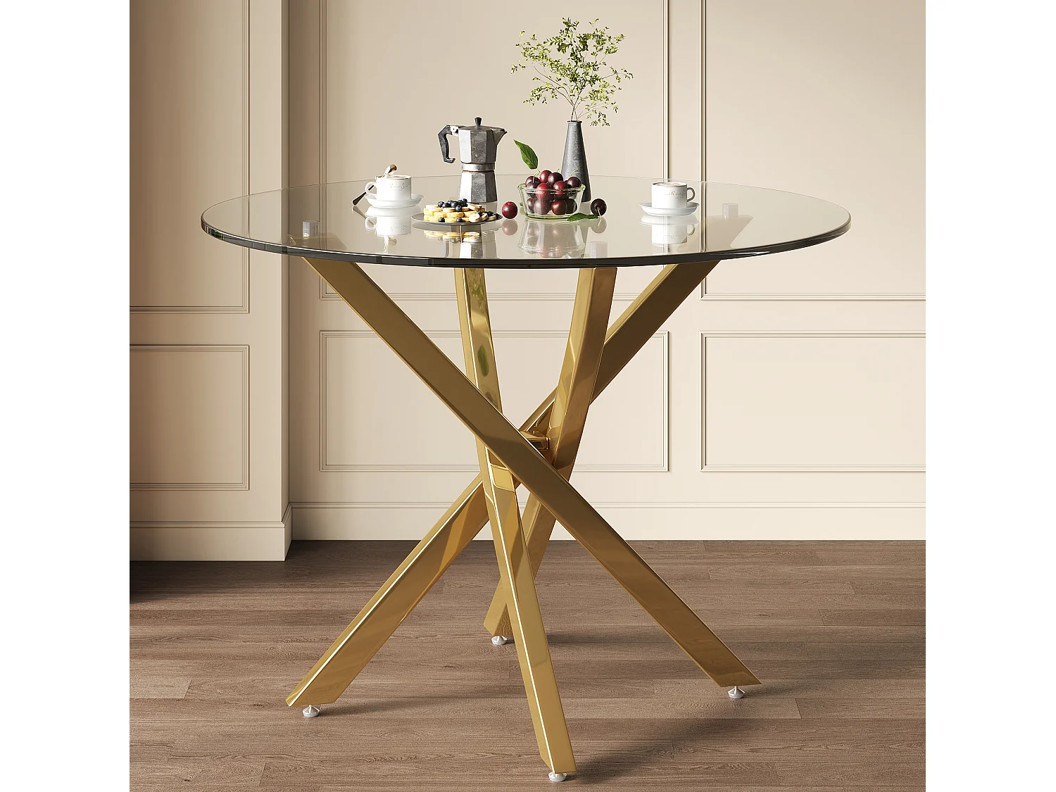 Table à manger ronde 80 cm avec plateau en verre - Doré