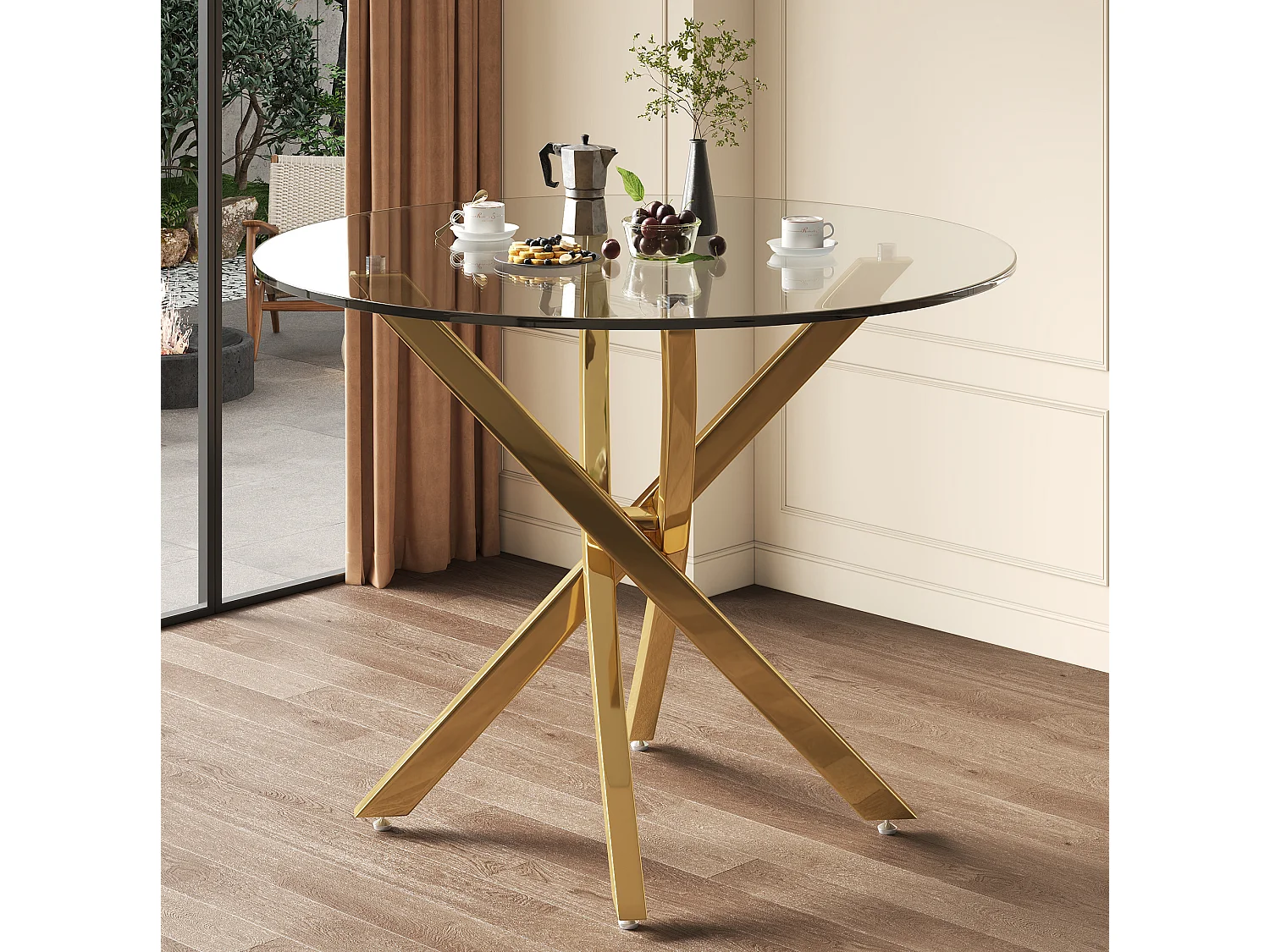 Table à manger ronde 80 cm avec plateau en verre - Doré