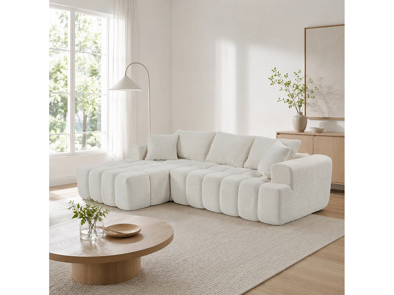 Canapé modulable en L 3 places en tissu chenille avec 5 coussins - Blanc