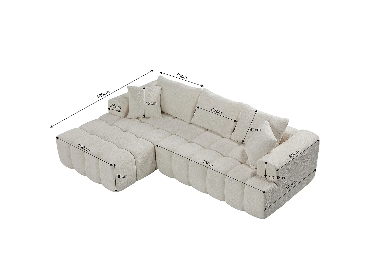 Canapé modulable en L 3 places en tissu chenille avec 5 coussins - Blanc