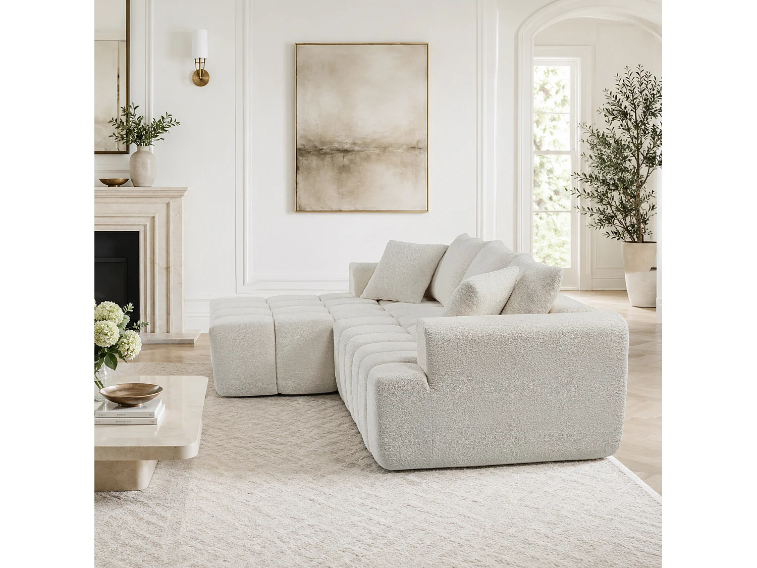 Canapé modulable en L 3 places en tissu chenille avec 5 coussins - Blanc