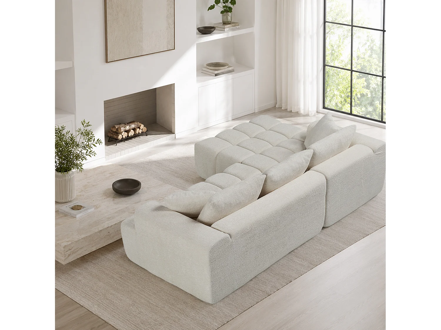 Canapé modulable en L 3 places en tissu chenille avec 5 coussins - Blanc