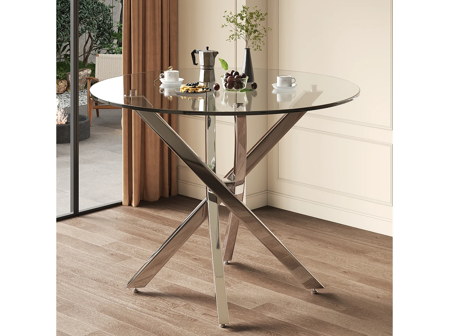 Table à manger ronde 80 cm avec plateau en verre - Argenté