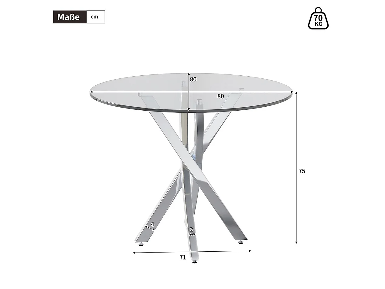 Table à manger ronde 80 cm avec plateau en verre - Argenté