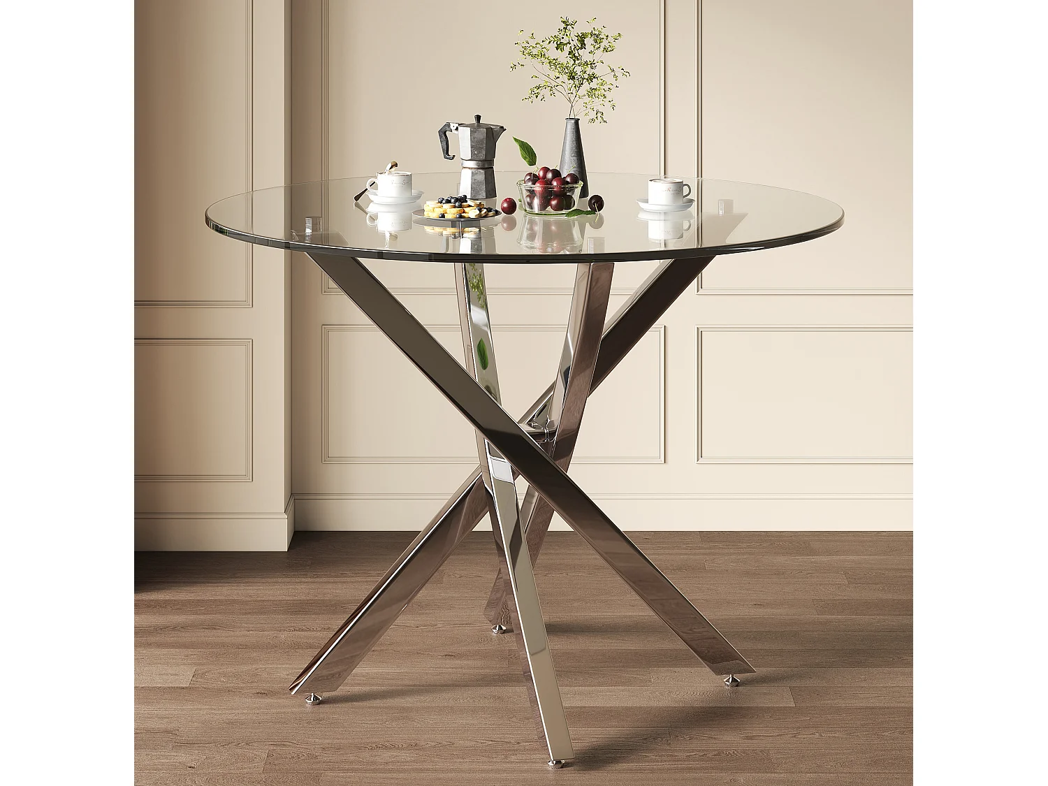 Table à manger ronde 80 cm avec plateau en verre - Argenté