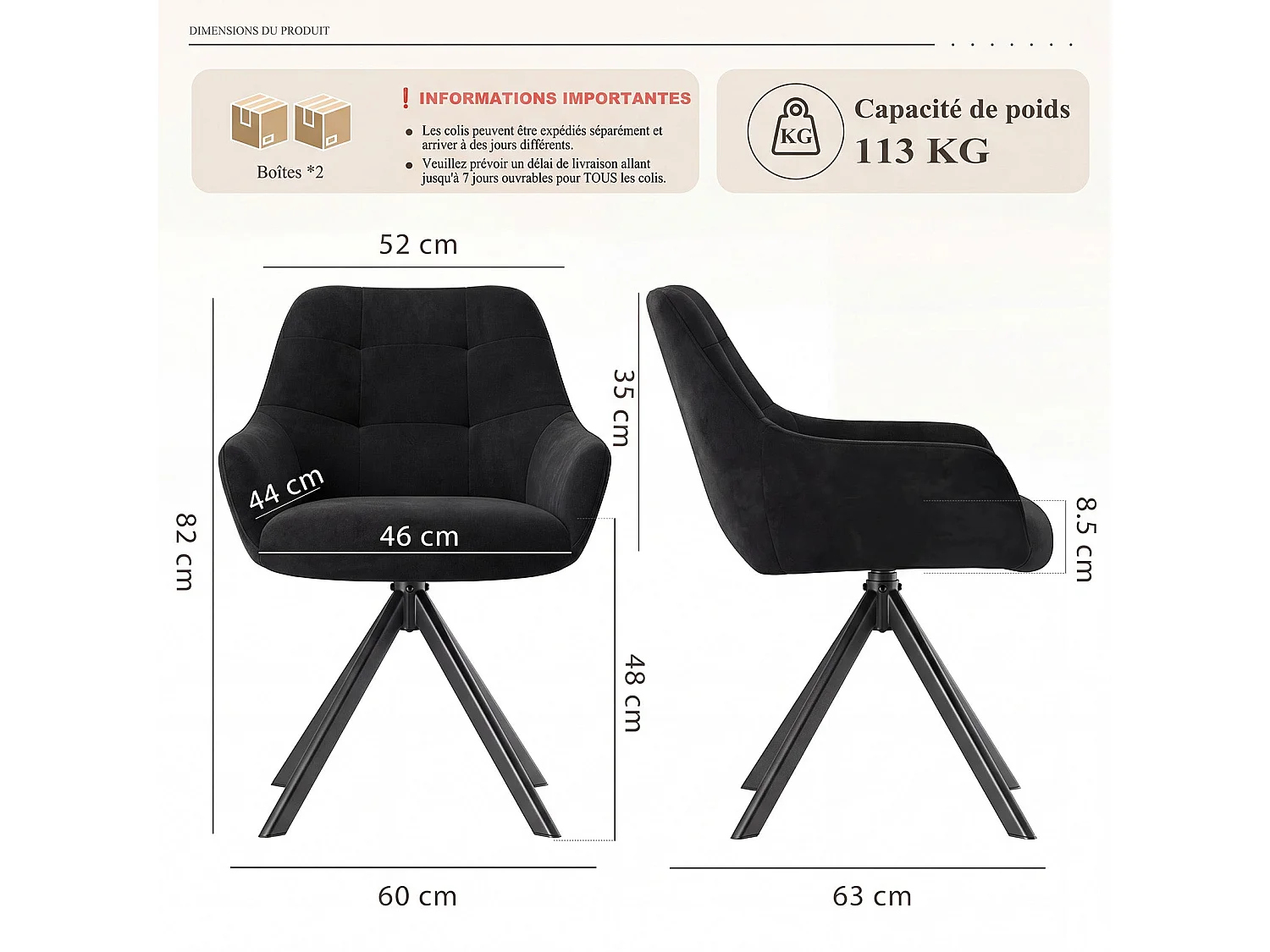 Set van 4 eetkamerstoelen met 360° draaifunctie | Halve armleuningen, metalen onderstel, zwart