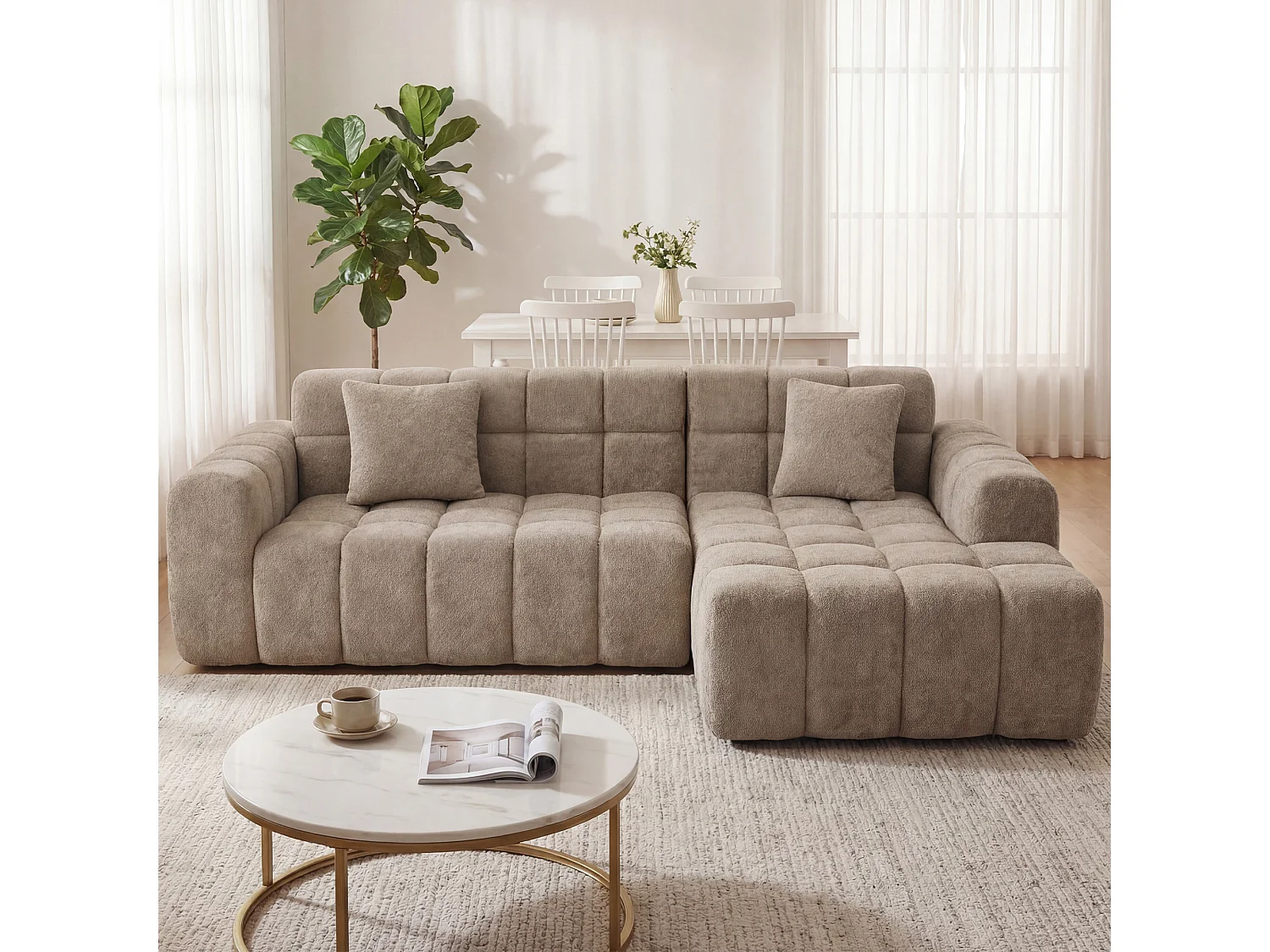 Canapé d'angle modulable 3 places en tissu chenille – Assise profonde - Kaki
