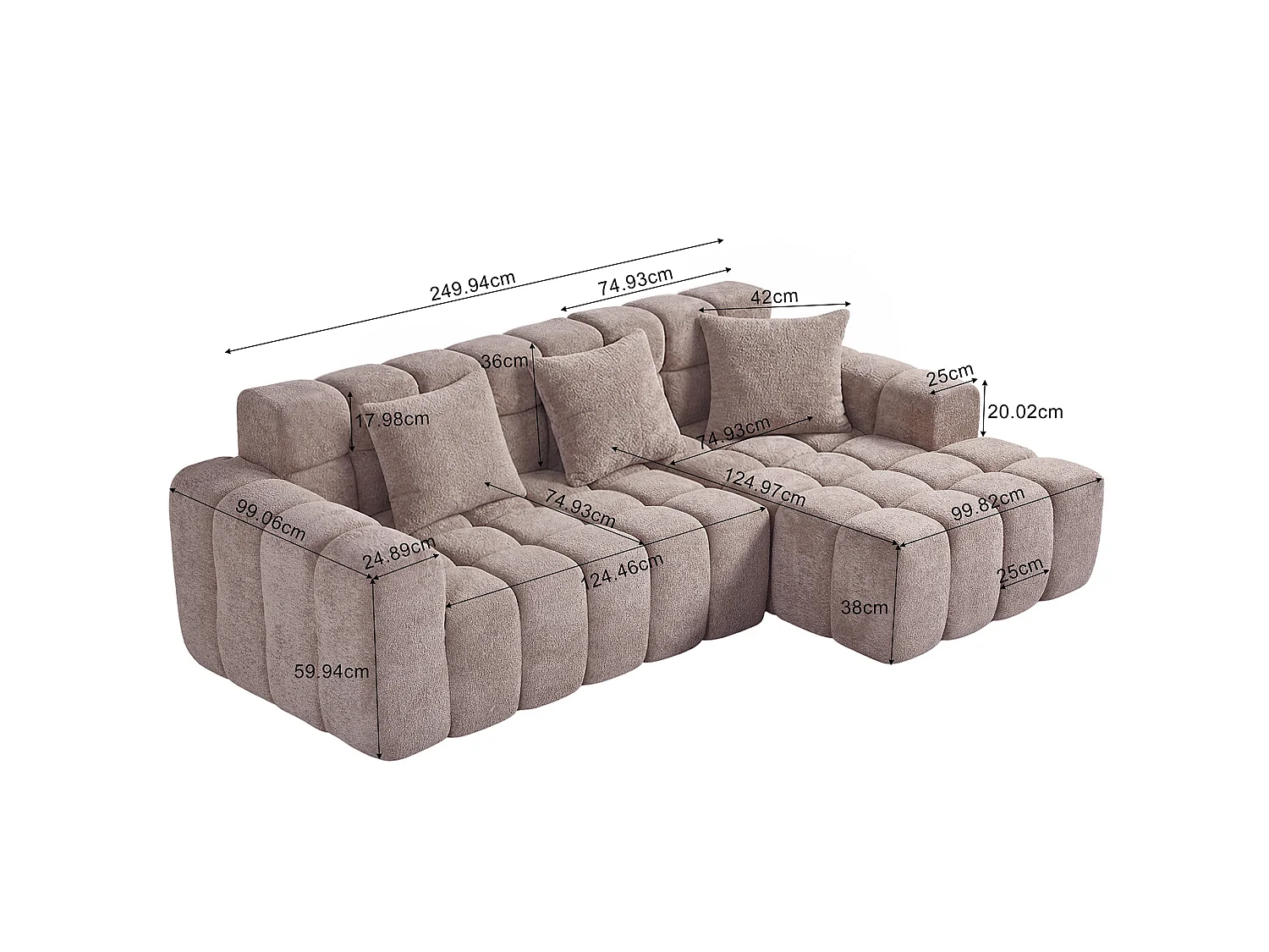 Canapé d'angle modulable 3 places en tissu chenille – Assise profonde - Kaki