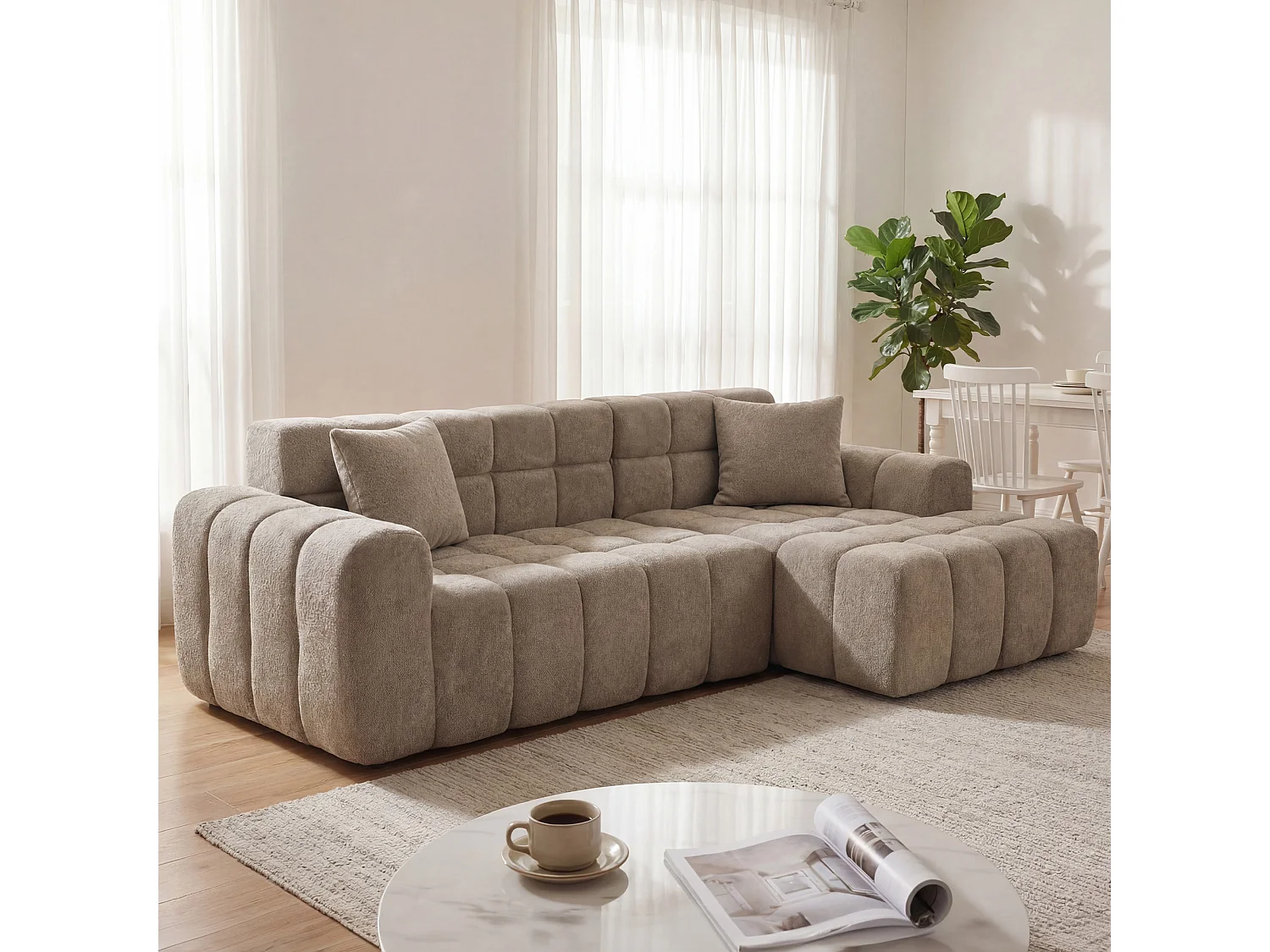 Canapé d'angle modulable 3 places en tissu chenille – Assise profonde - Kaki