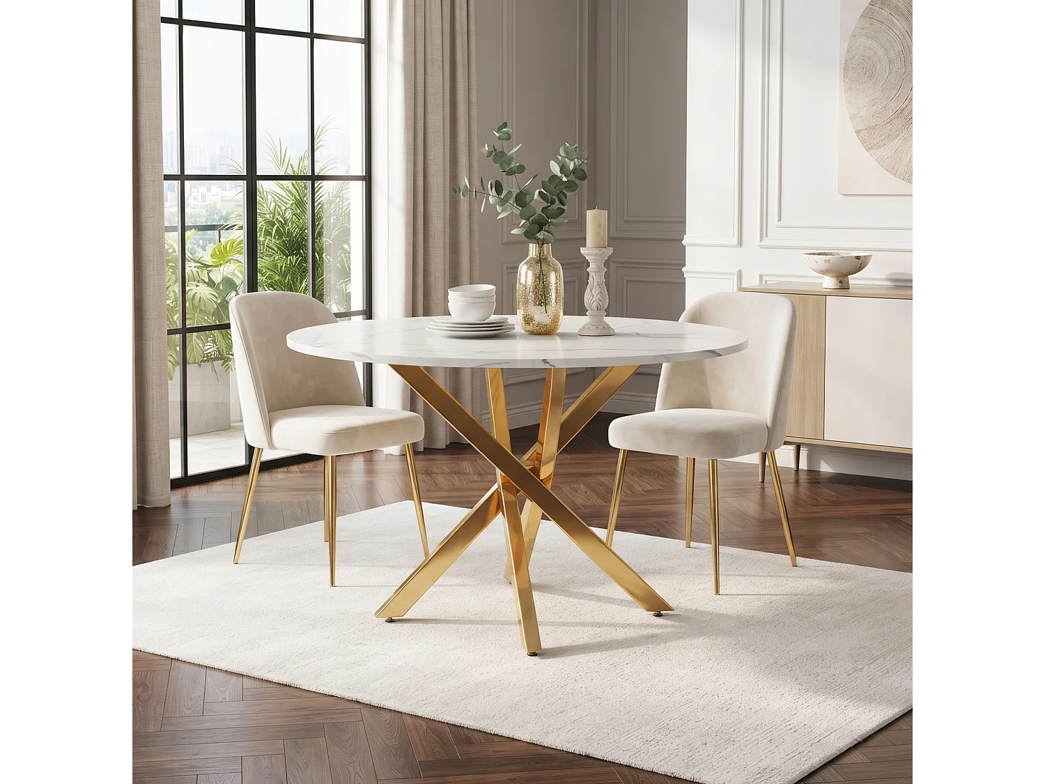 Table à manger ronde 80 cm avec plateau effet marbre - Blanc et doré