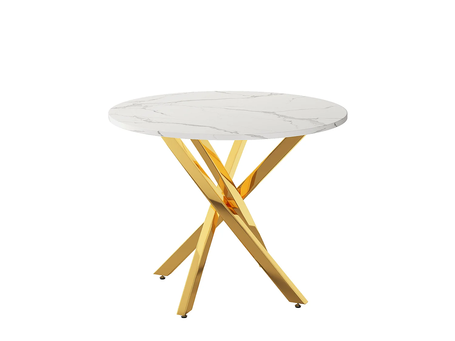 Table à manger ronde 80 cm avec plateau effet marbre - Blanc et doré
