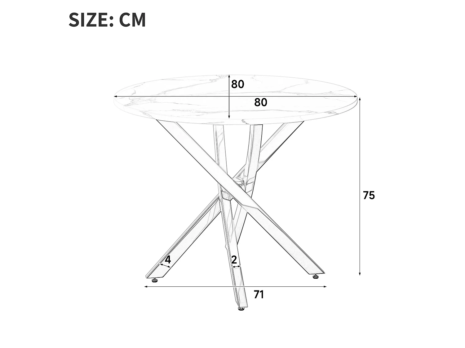 Table à manger ronde 80 cm avec plateau effet marbre - Blanc et doré
