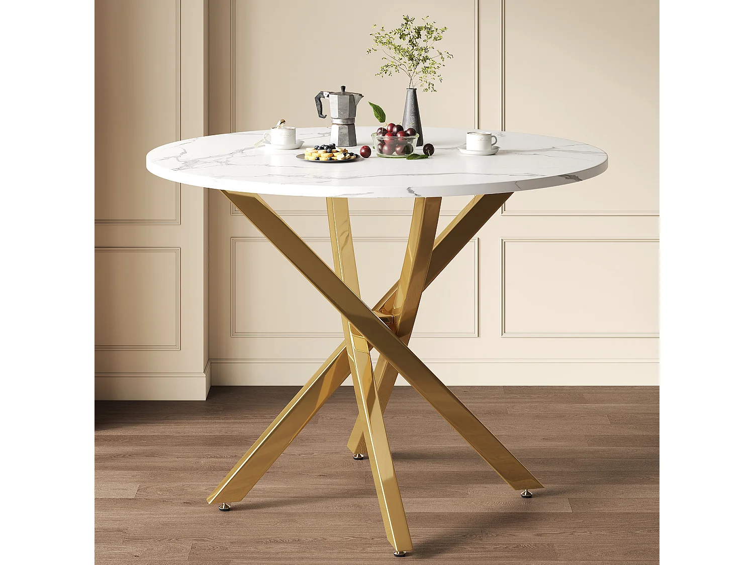 Table à manger ronde 80 cm avec plateau effet marbre - Blanc et doré