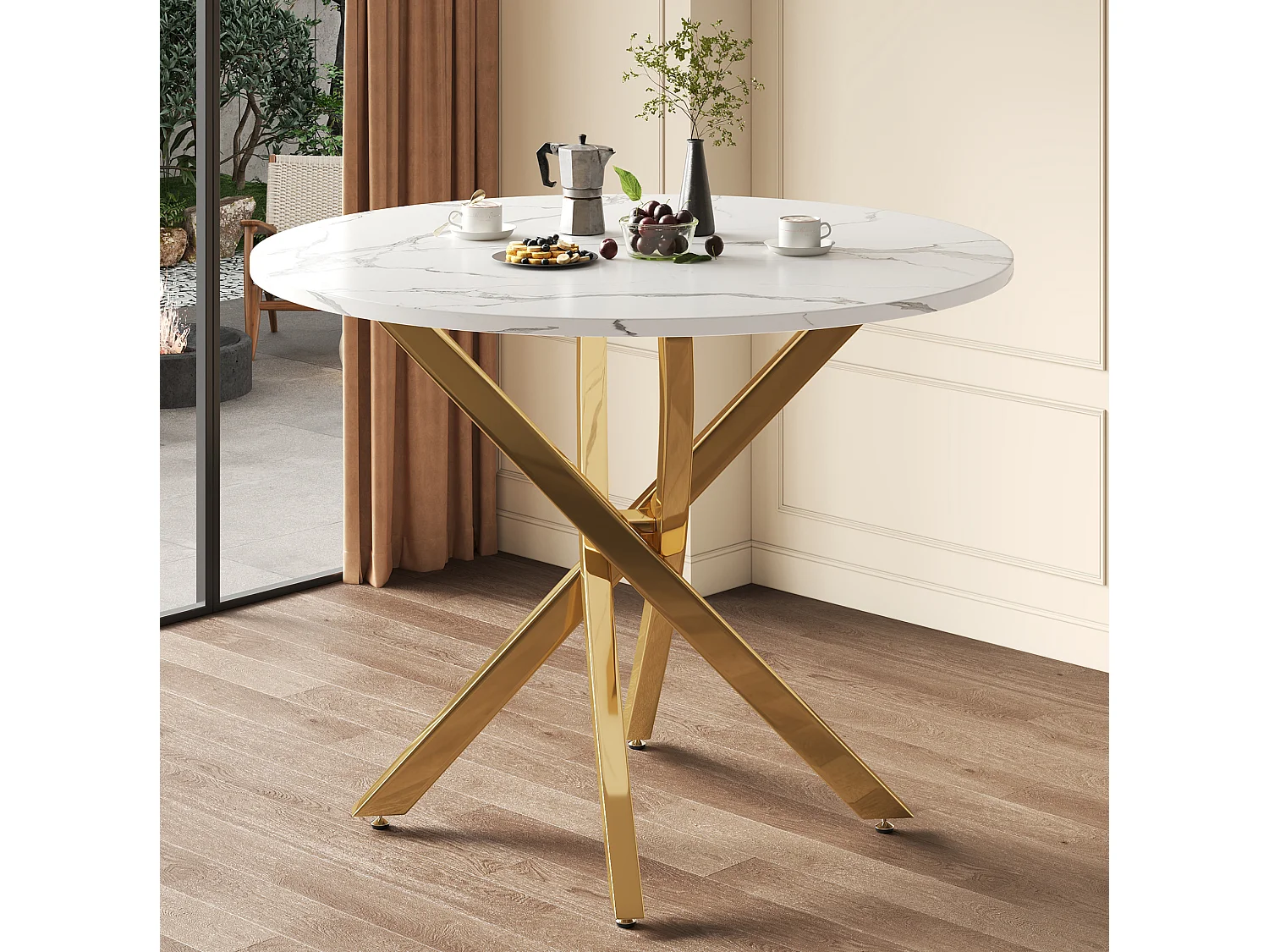 Table à manger ronde 80 cm avec plateau effet marbre - Blanc et doré