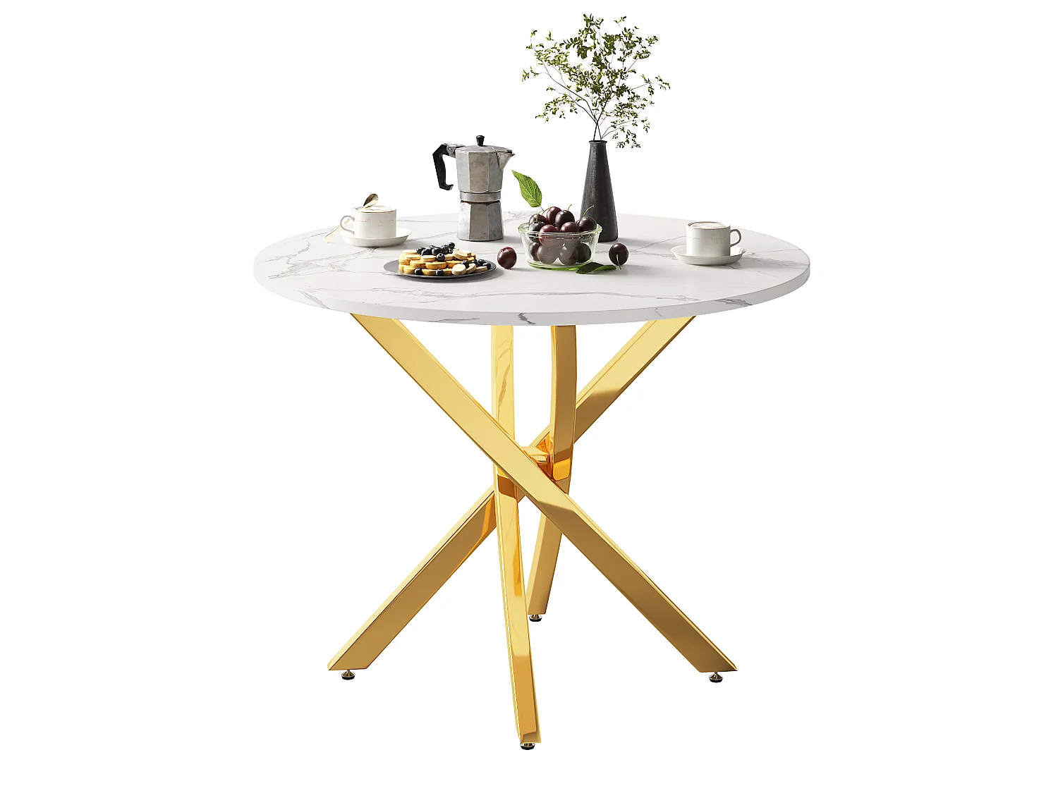 Table à manger ronde 80 cm avec plateau effet marbre - Blanc et doré