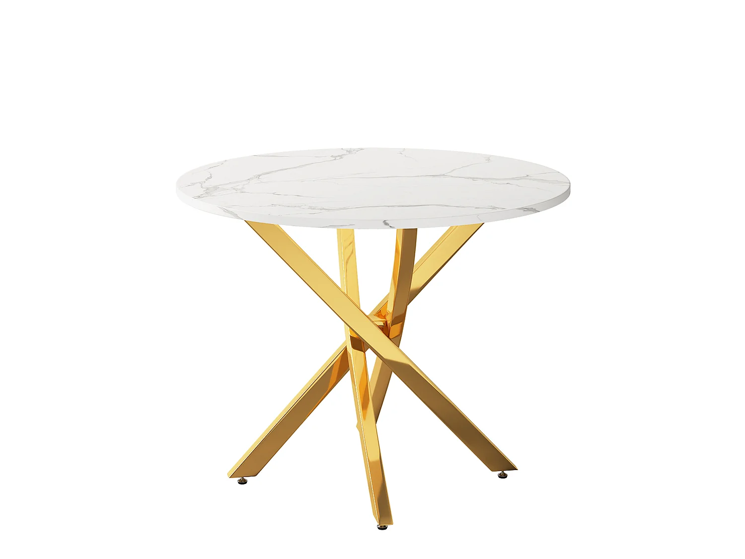 Table à manger ronde 80 cm avec plateau effet marbre - Blanc et doré