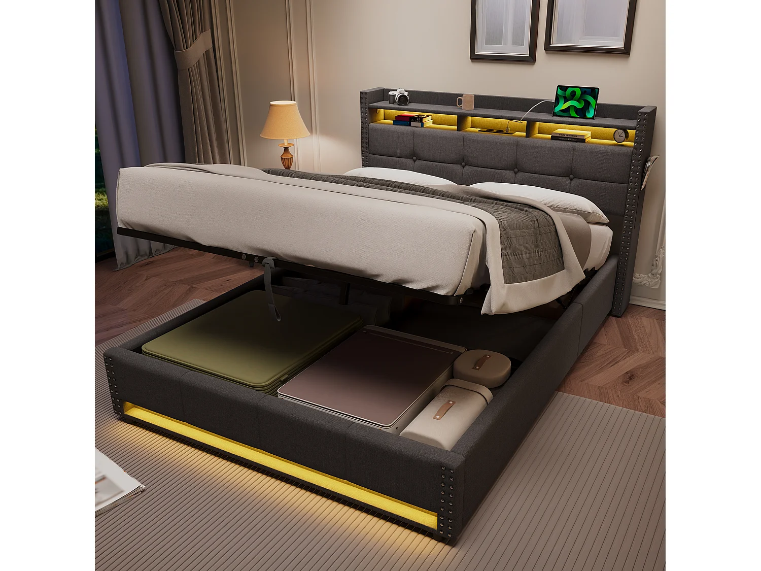 Lit coffre 140x200 cm en tissu lin avec LED et ports USB – Gris foncé