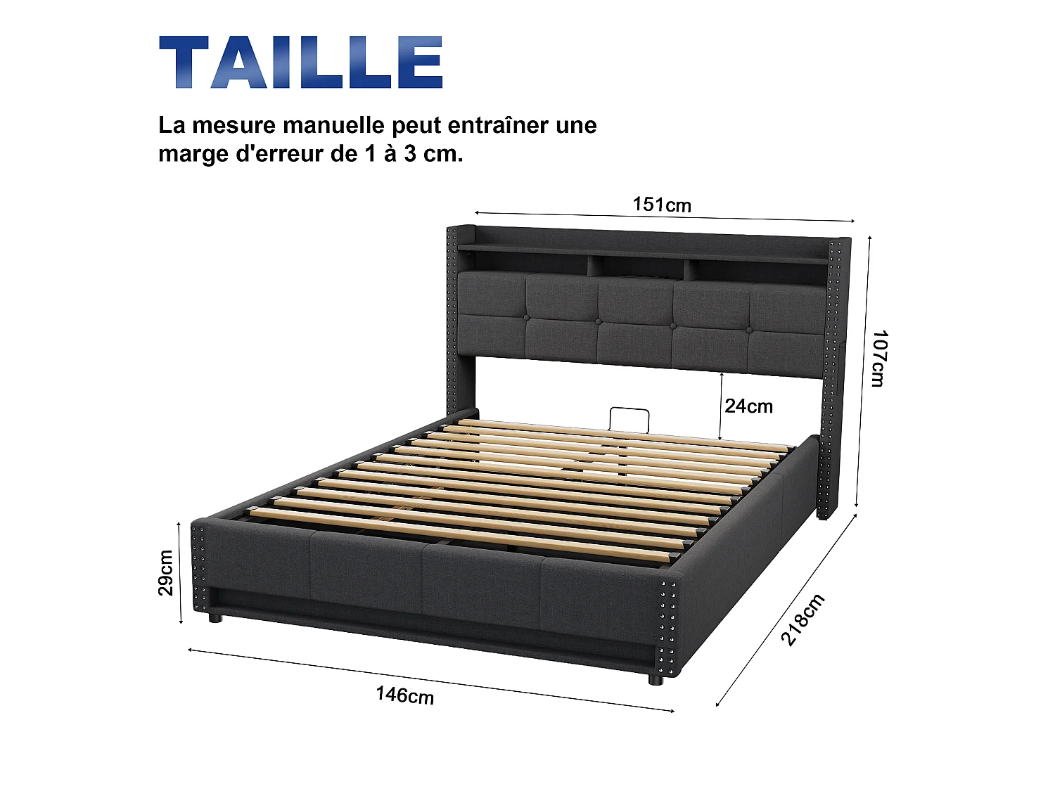 Lit coffre 140x200 cm en tissu lin avec LED et ports USB – Gris foncé
