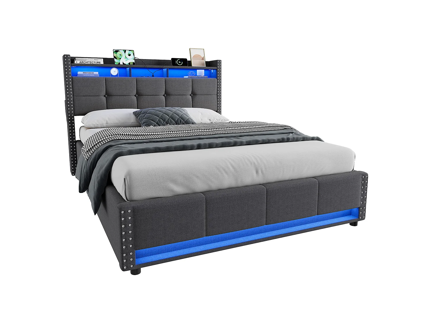 Lit coffre 140x200 cm en tissu lin avec LED et ports USB – Gris foncé