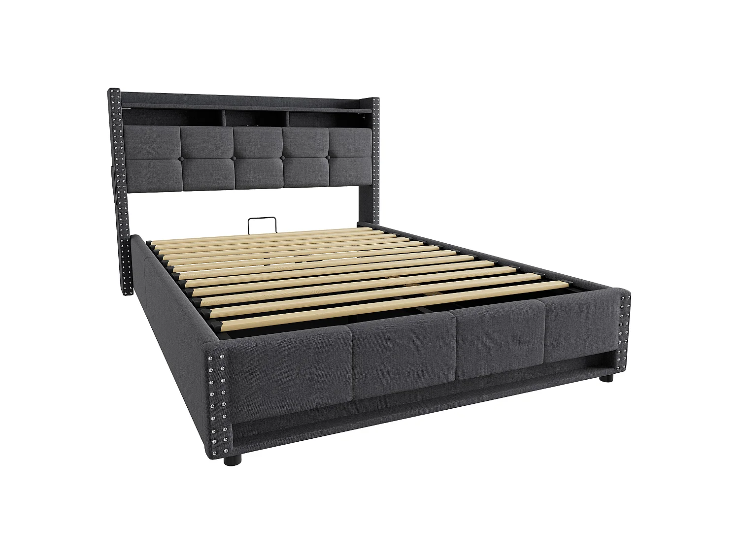 Lit coffre 140x200 cm en tissu lin avec LED et ports USB – Gris foncé