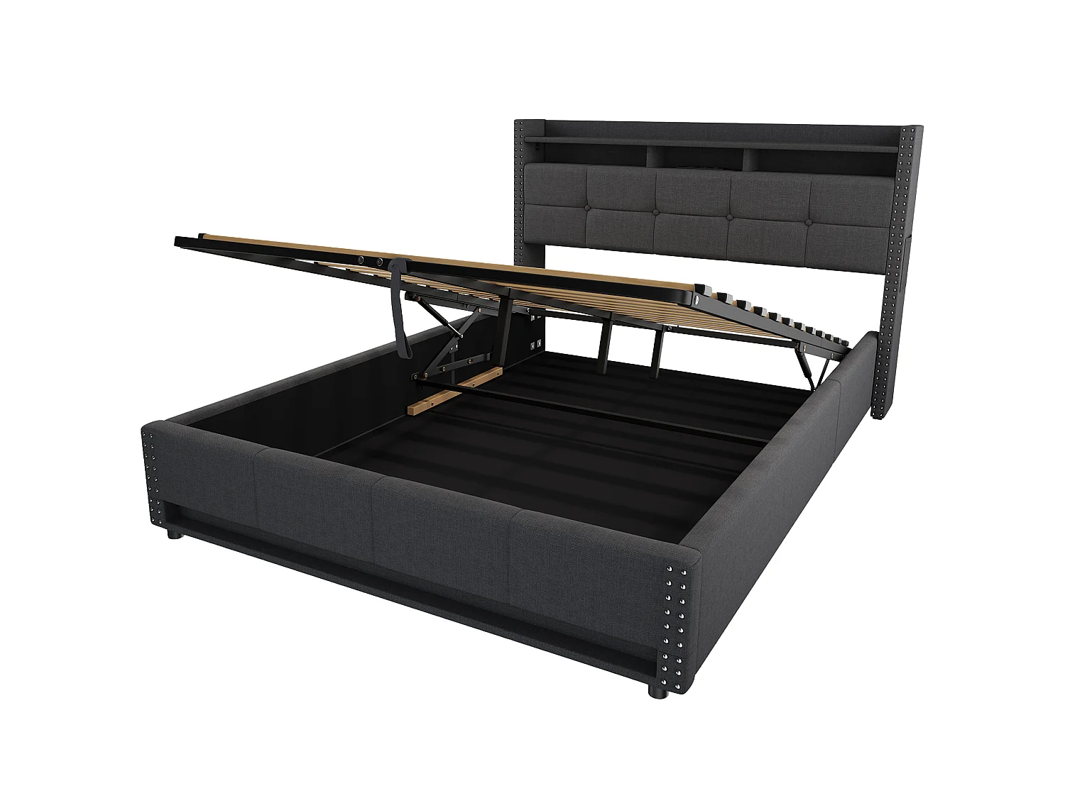 Lit coffre 140x200 cm en tissu lin avec LED et ports USB – Gris foncé