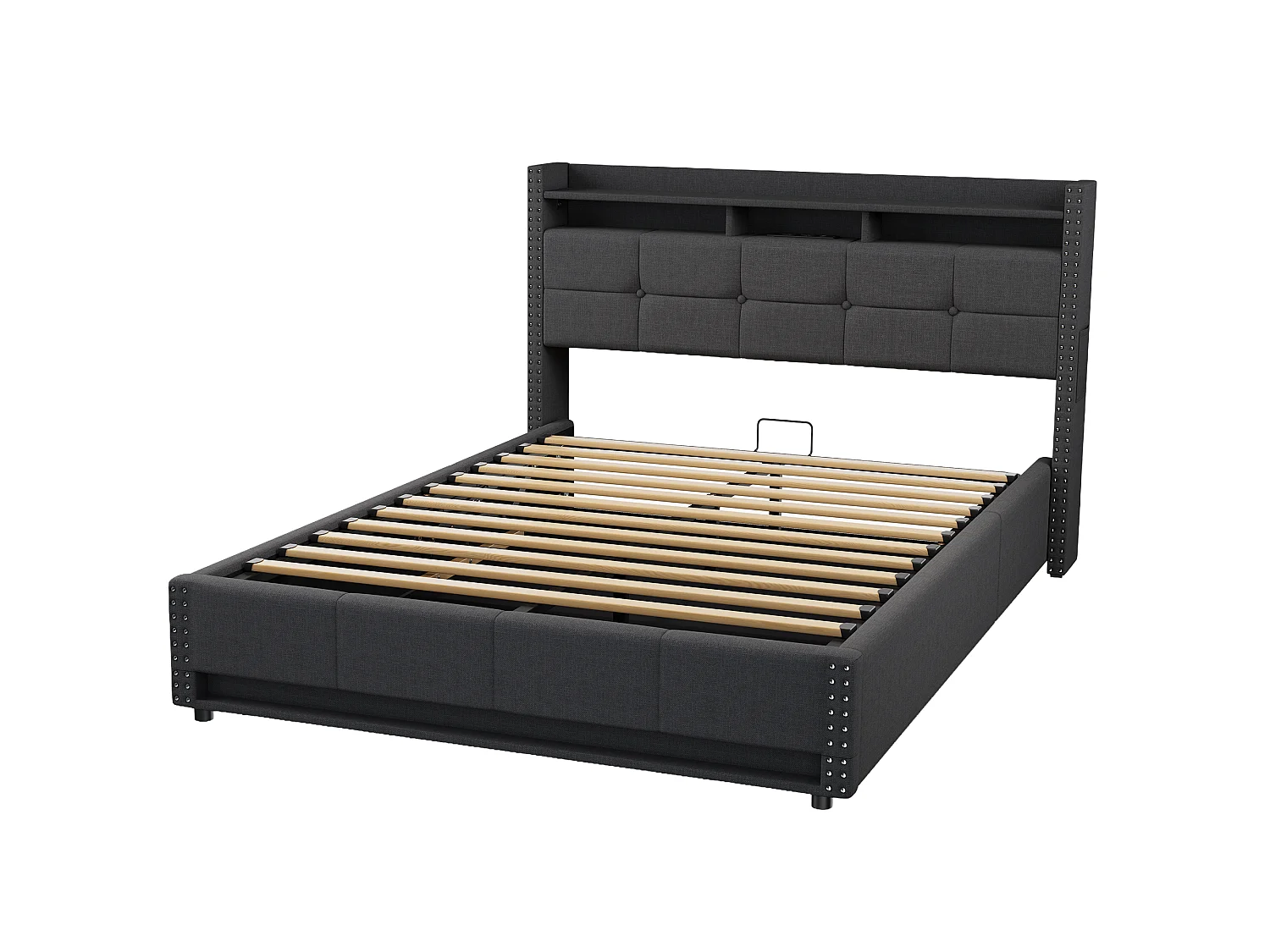 Lit coffre 140x200 cm en tissu lin avec LED et ports USB – Gris foncé
