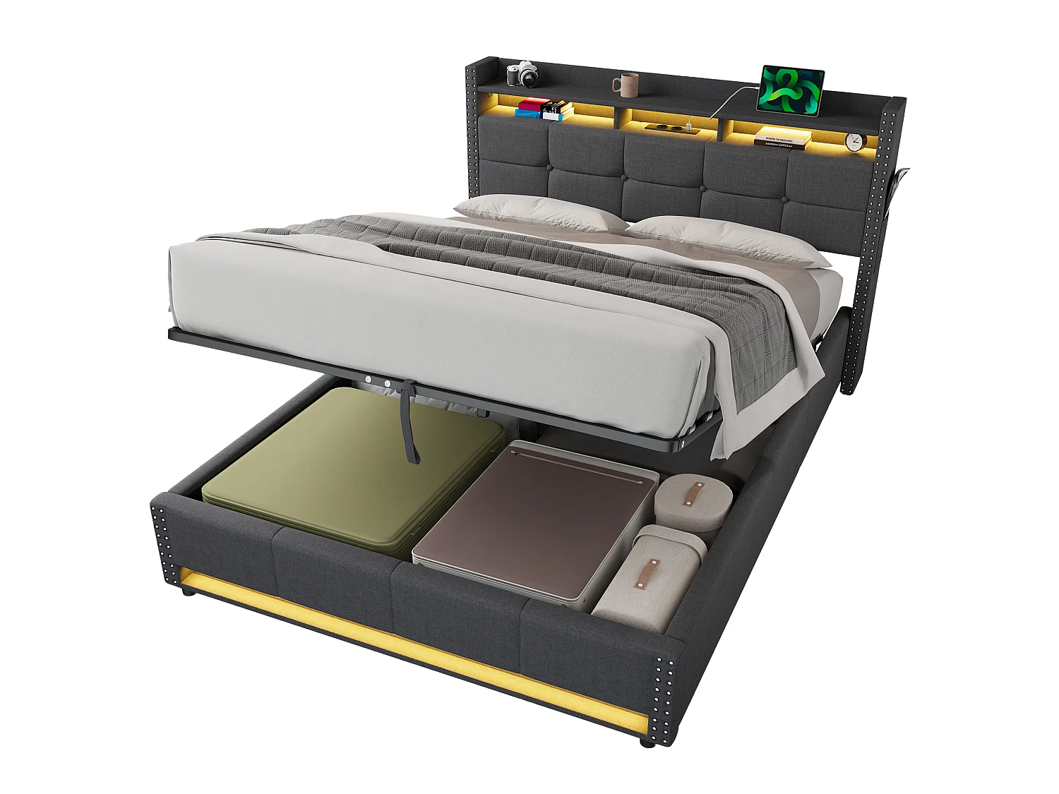 Lit coffre 140x200 cm en tissu lin avec LED et ports USB – Gris foncé
