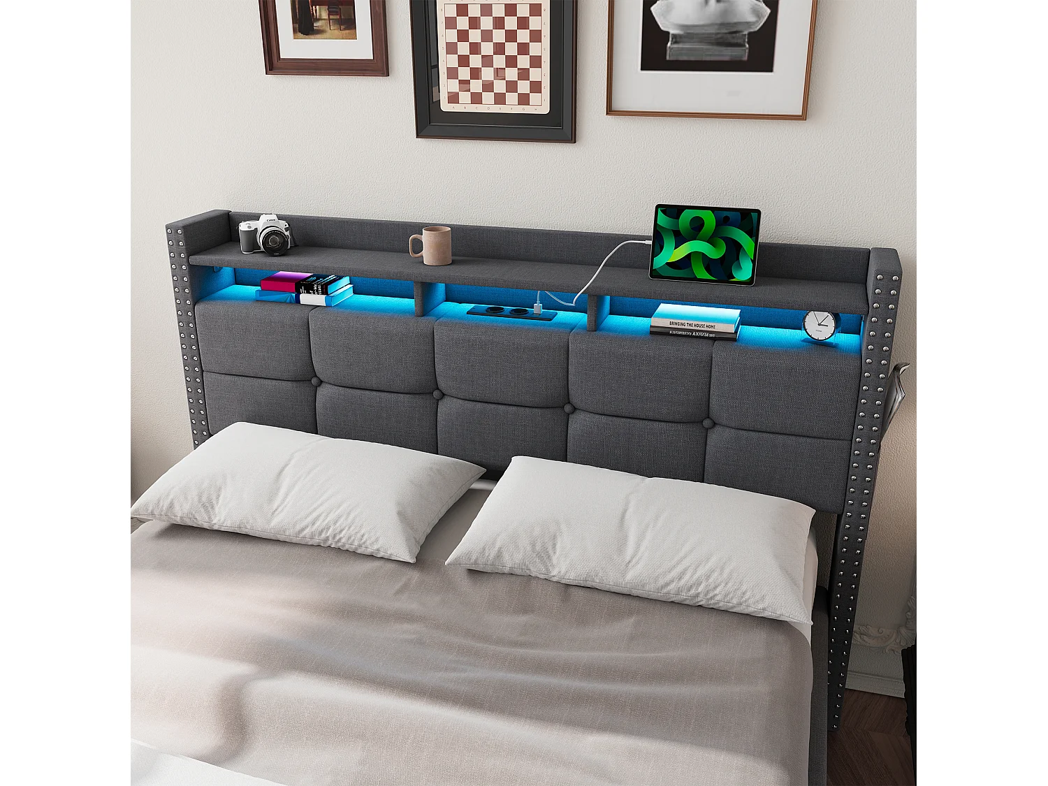 Lit coffre 140x200 cm en tissu lin avec LED et ports USB – Gris foncé