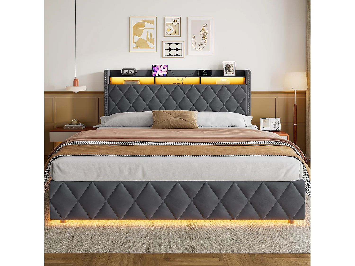 Letto contenitore in velluto con LED e porte USB – Grigio scuro (180x200 cm)