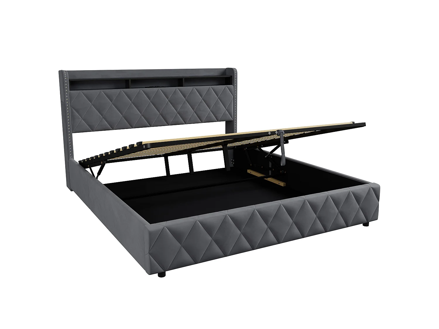 Letto contenitore in velluto con LED e porte USB – Grigio scuro (180x200 cm)