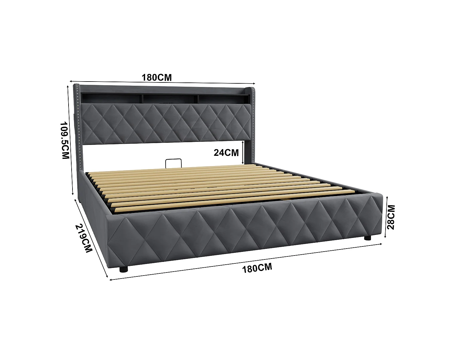 Letto contenitore in velluto con LED e porte USB – Grigio scuro (180x200 cm)