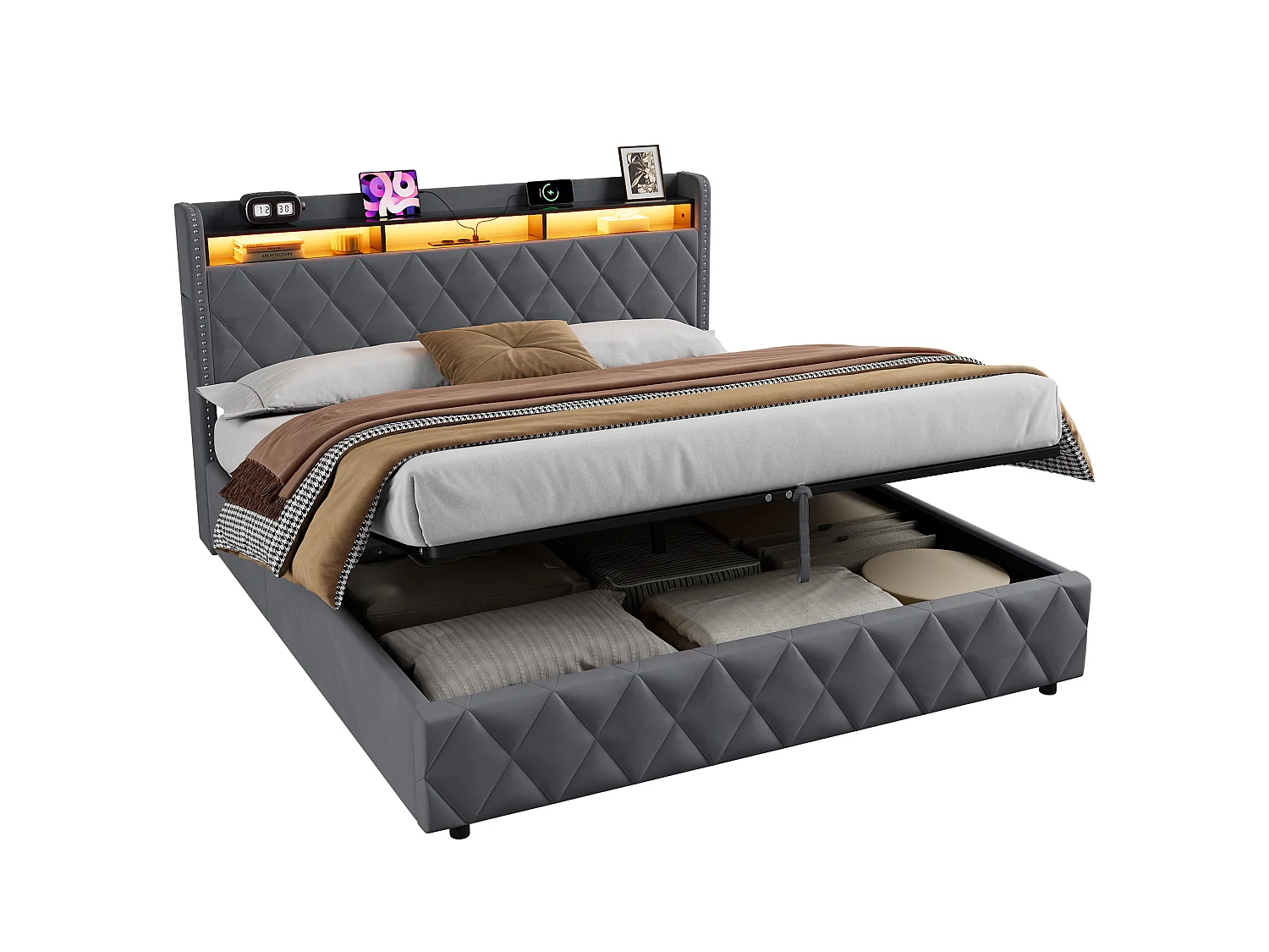 Letto contenitore in velluto con LED e porte USB – Grigio scuro (180x200 cm)