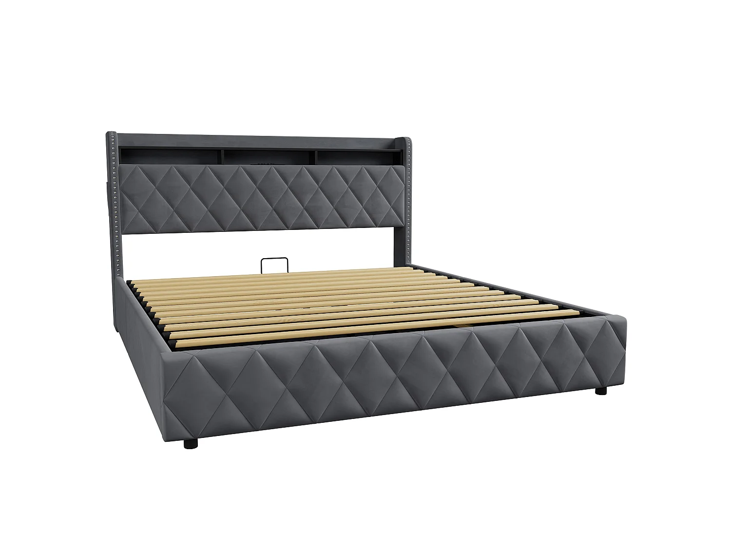 Letto contenitore in velluto con LED e porte USB – Grigio scuro (180x200 cm)