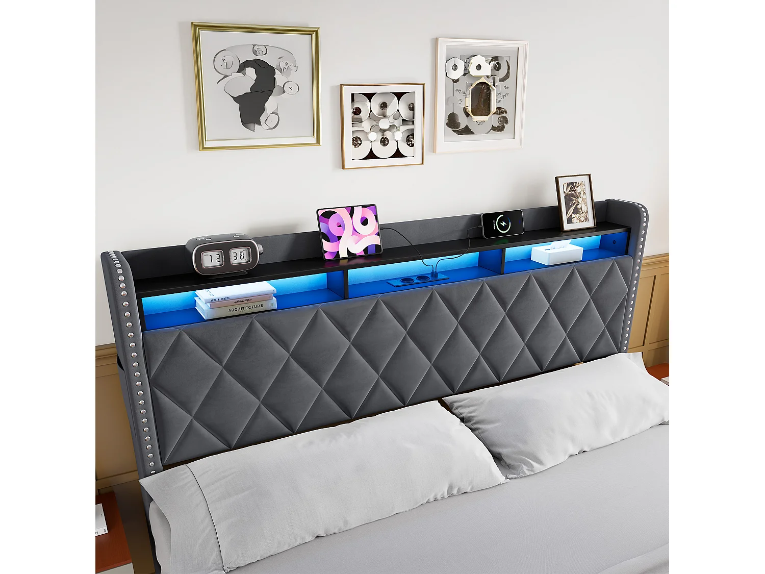 Letto contenitore in velluto con LED e porte USB – Grigio scuro (180x200 cm)