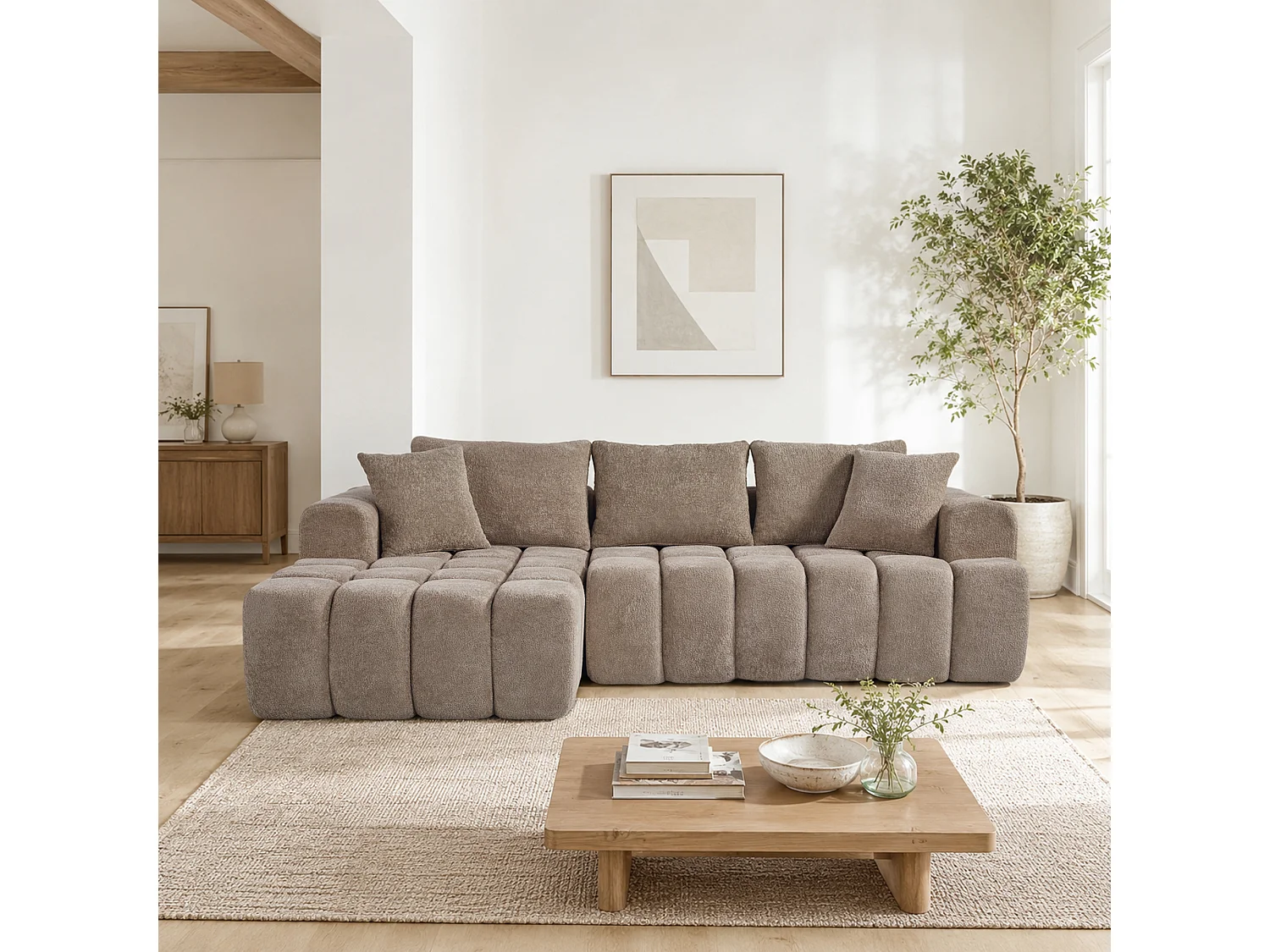 Canapé modulable en L 3 places en tissu chenille avec 5 coussins - Kaki