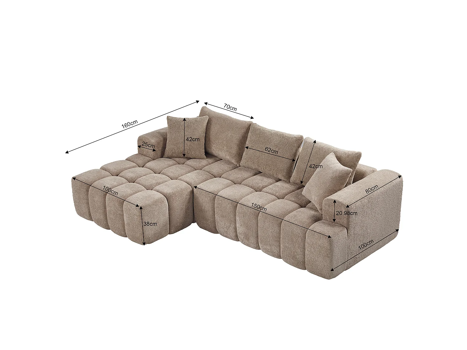 Canapé modulable en L 3 places en tissu chenille avec 5 coussins - Kaki