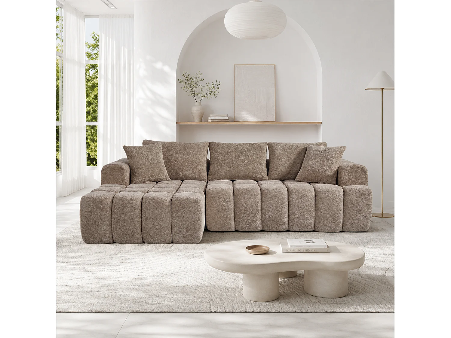 Canapé modulable en L 3 places en tissu chenille avec 5 coussins - Kaki