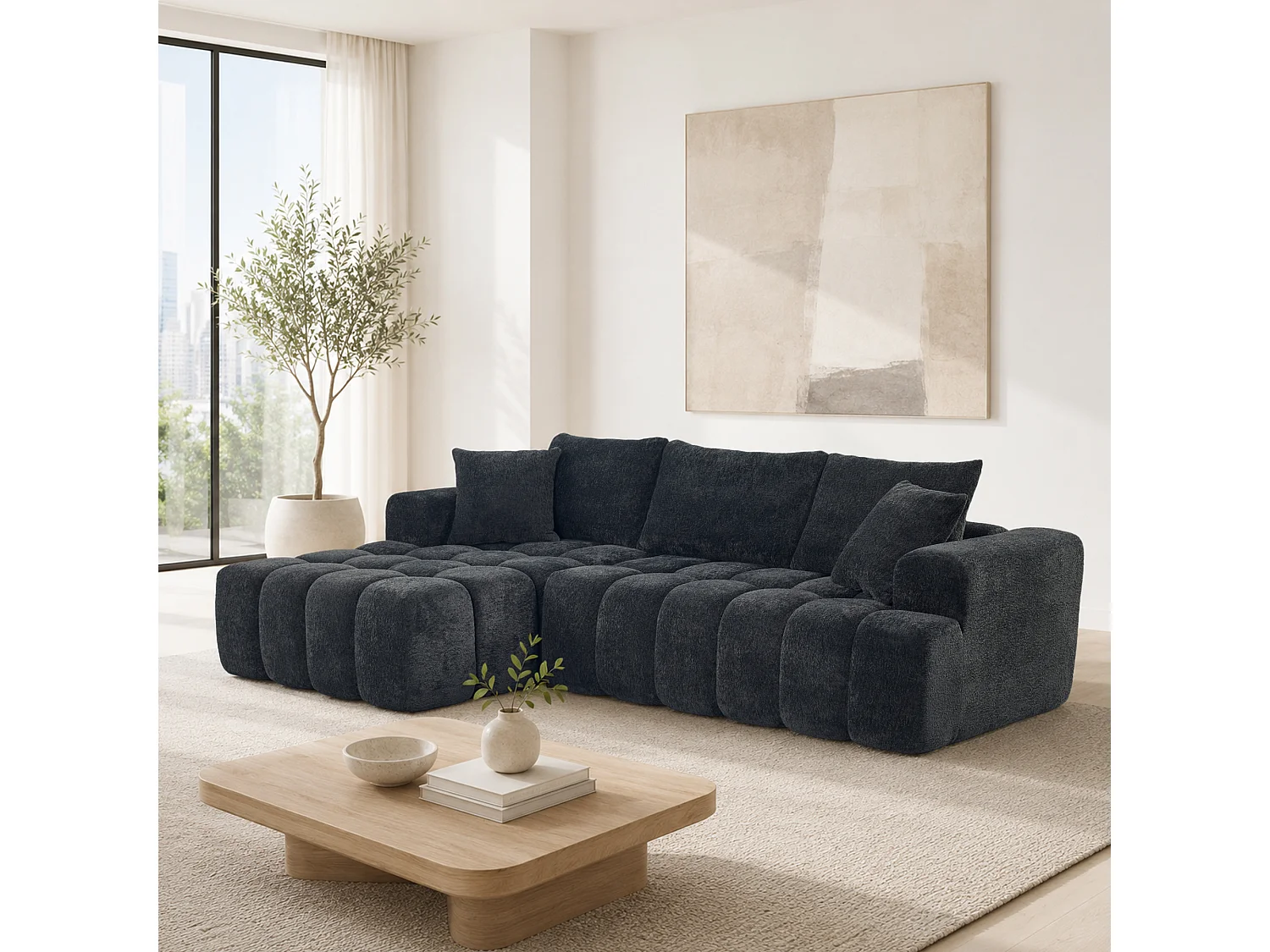 Canapé modulable en L 3 places en tissu chenille avec 5 coussins - Gris anthracite