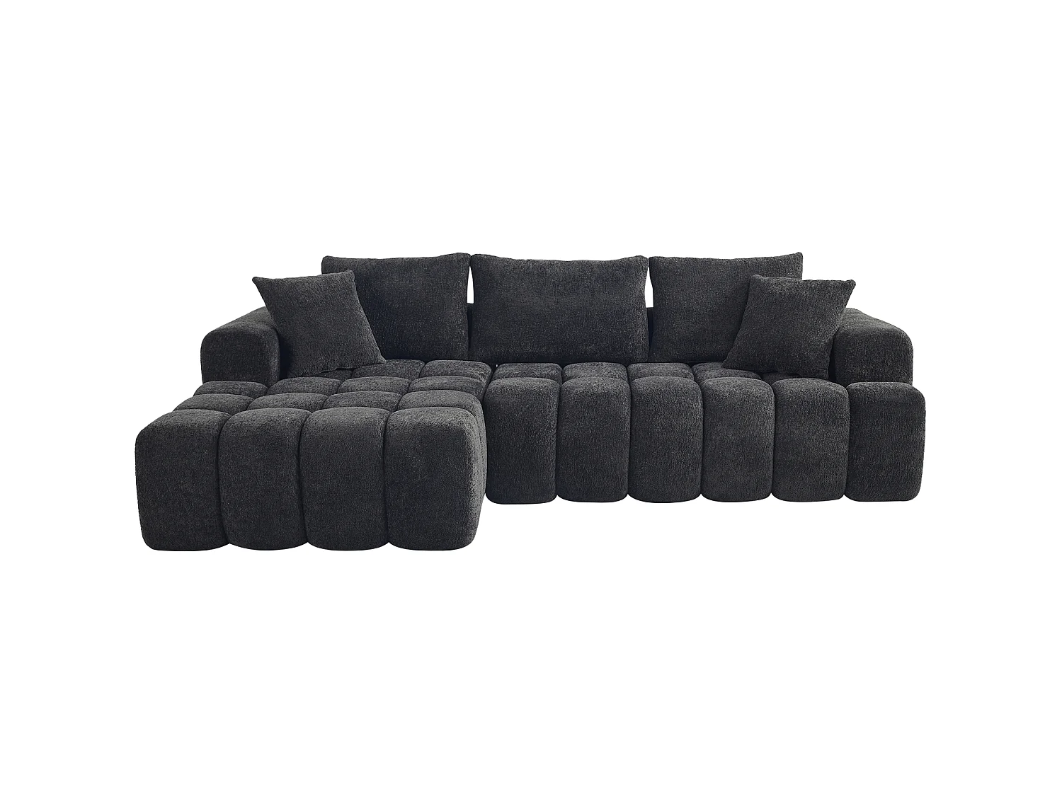 Canapé modulable en L 3 places en tissu chenille avec 5 coussins - Gris anthracite