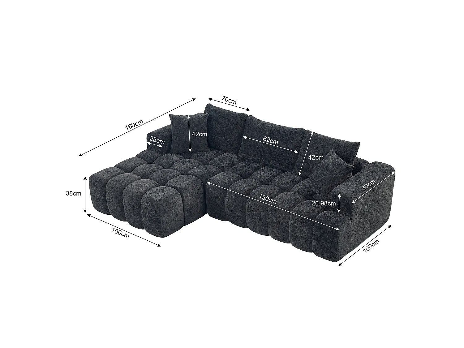 Canapé modulable en L 3 places en tissu chenille avec 5 coussins - Gris anthracite