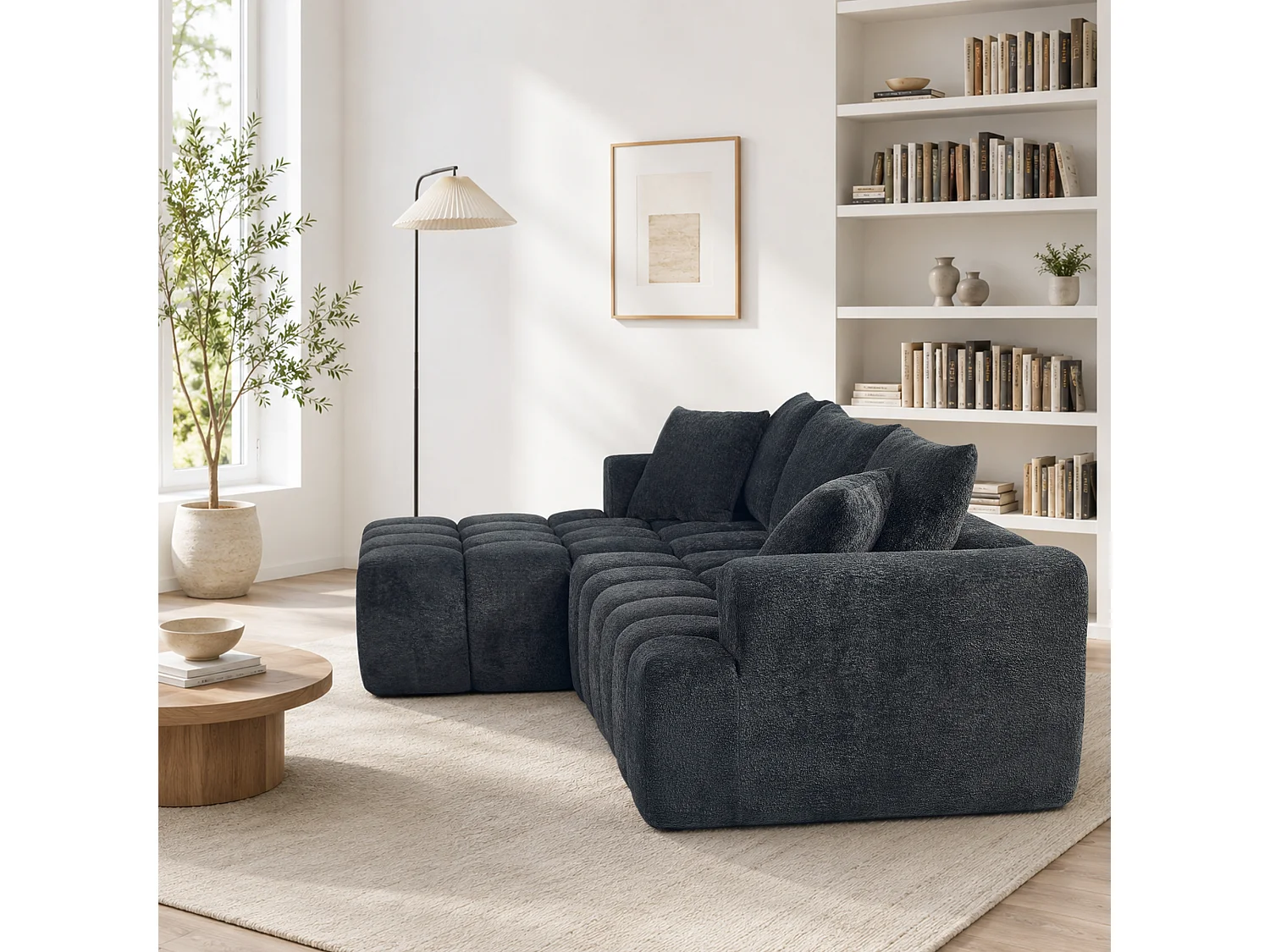 Canapé modulable en L 3 places en tissu chenille avec 5 coussins - Gris anthracite