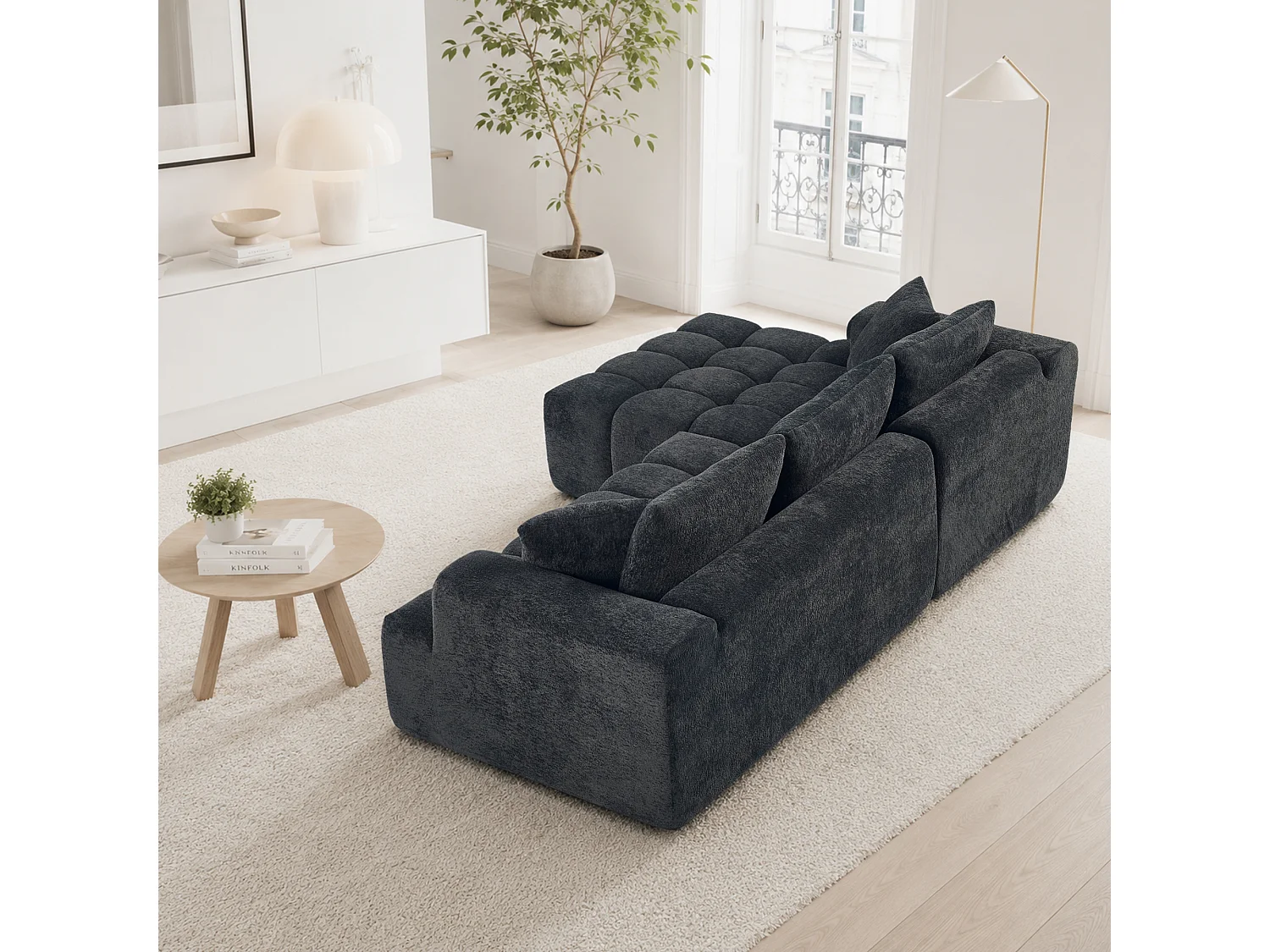 Canapé modulable en L 3 places en tissu chenille avec 5 coussins - Gris anthracite