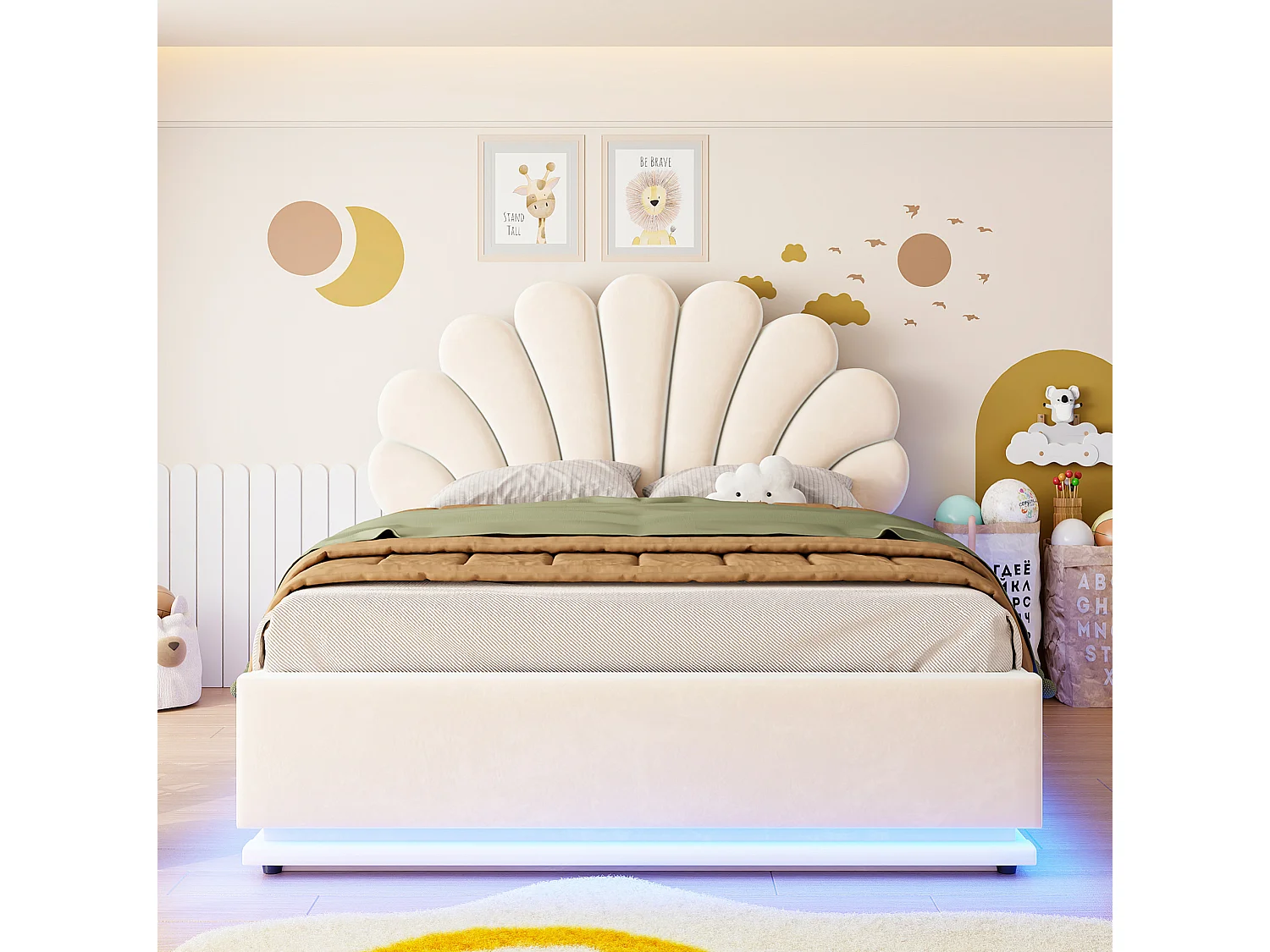 Lit coffre adulte 140 x 200 cm en velours avec éclairage LED - Beige