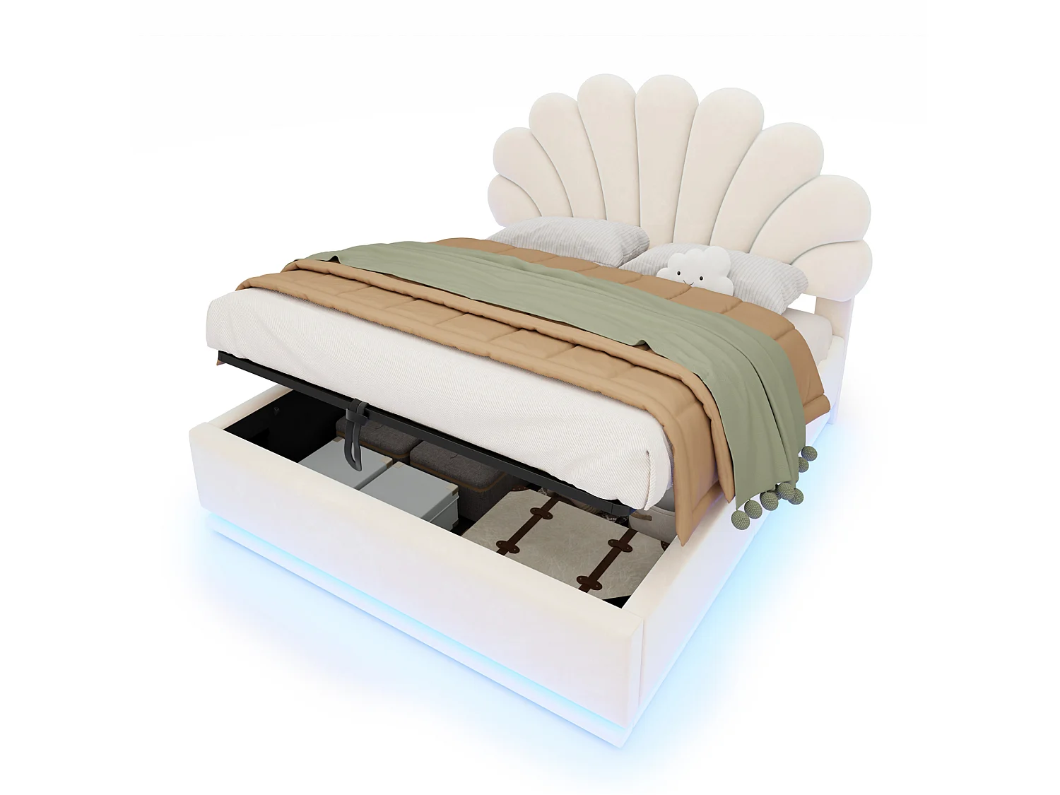Lit coffre adulte 140 x 200 cm en velours avec éclairage LED - Beige